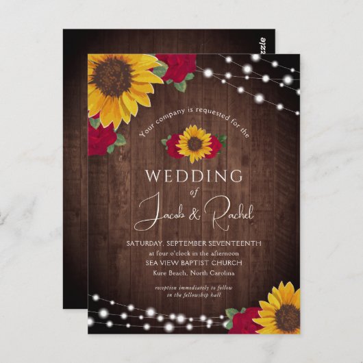 Rustikale Sonnenblumen Rose Lichter Einladung Hoch Postkarte (Vorne/Hinten)