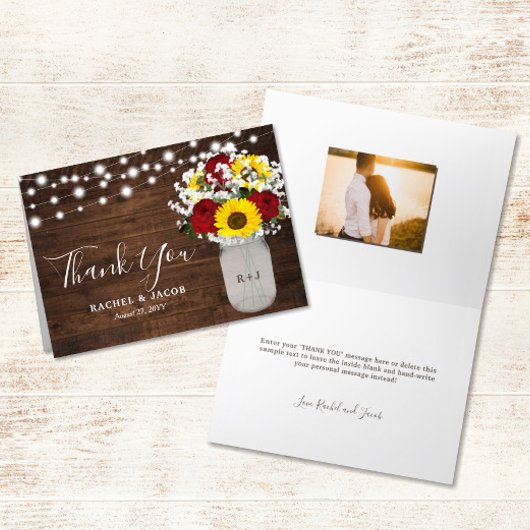 Rustikale Sonnenblumen Rose Mason Jar Foto Hochzei Dankeskarte