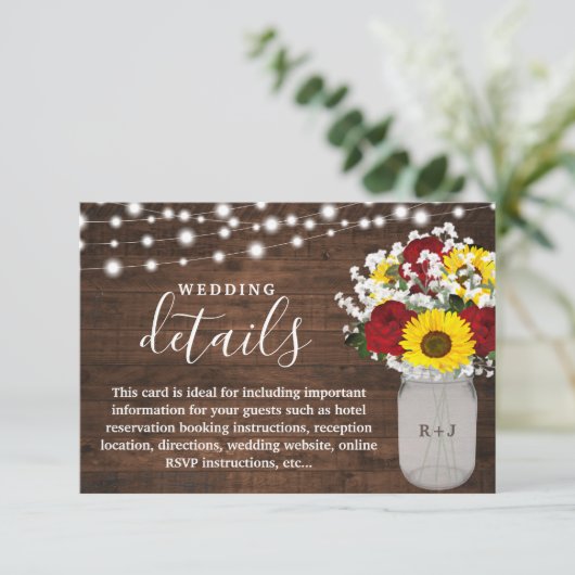 Rustikale Sonnenblumen Rose Mason Jar Wedding Deta Begleitkarte (Stehend Vorderseite)