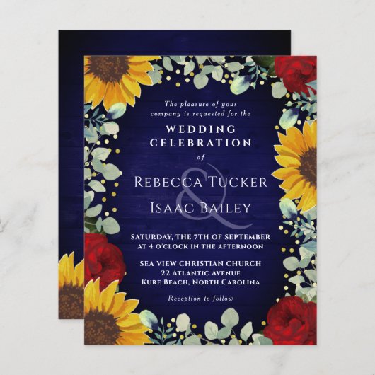 Rustikale Sonnenblumen Rose Navy Wood Wedding Einl (Vorne/Hinten)