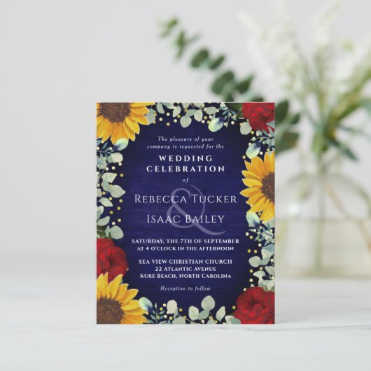 Rustikale Sonnenblumen Rose Navy Wood Wedding Einl (Stehend Vorderseite)