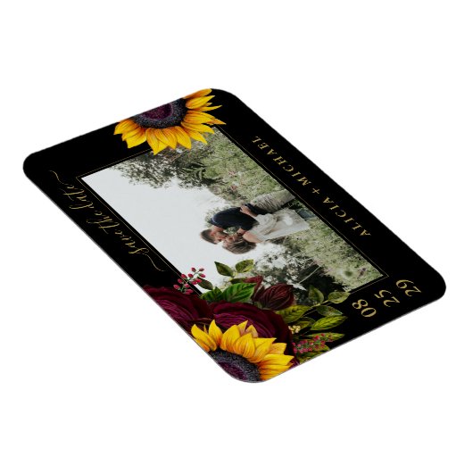 Rustikale Sonnenblumen Rose Skript rett Datum Hoch Magnet (Rechte Seite)