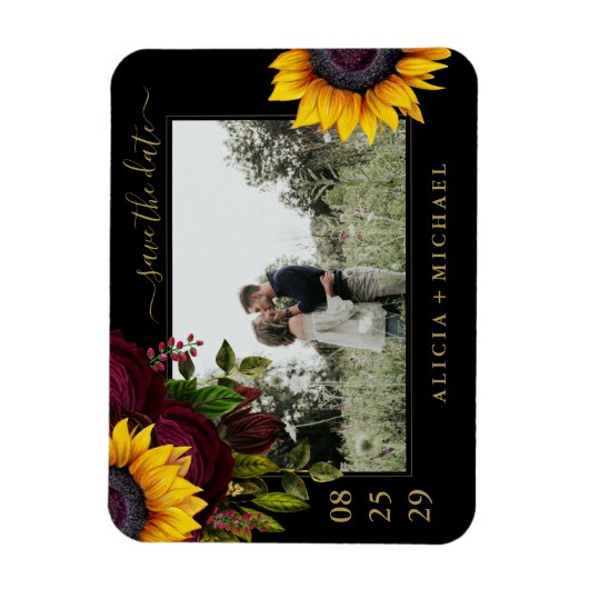 Rustikale Sonnenblumen Rose Skript rett Datum Hoch Magnet (Vertikal)