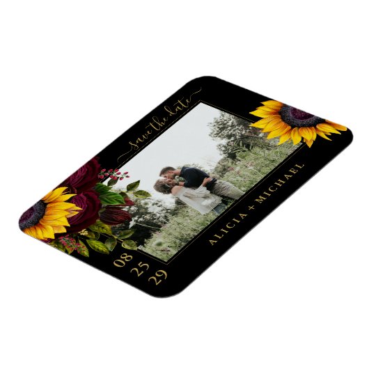 Rustikale Sonnenblumen Rose Skript rett Datum Hoch Magnet (Linke Seite)