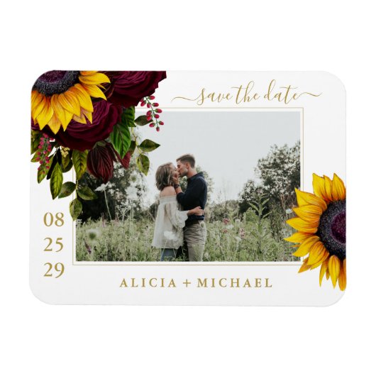 Rustikale Sonnenblumen Rose Skript rett Datum Hoch Magnet (Horizontal)