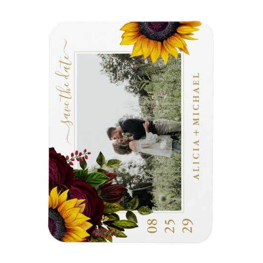 Rustikale Sonnenblumen Rose Skript rett Datum Hoch Magnet (Vertikal)