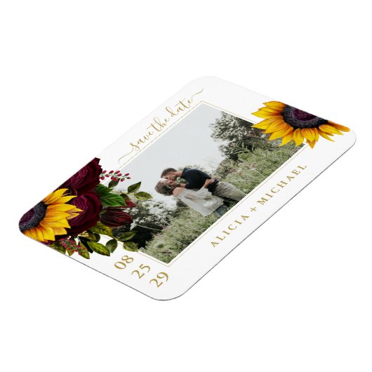 Rustikale Sonnenblumen Rose Skript rett Datum Hoch Magnet (Linke Seite)