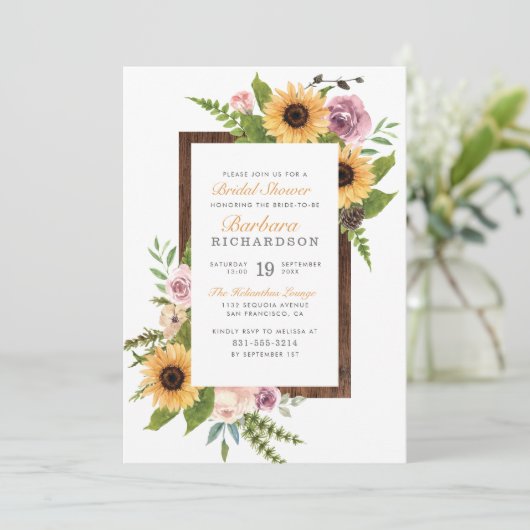Rustikale Sonnenblumen, Rose und Holz | Brautparty Einladung (Stehend Vorderseite)