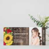 Rustikale Sonnenblumen-Rote Rosen Boot Quinceañera Einladung (Stehend Vorderseite)