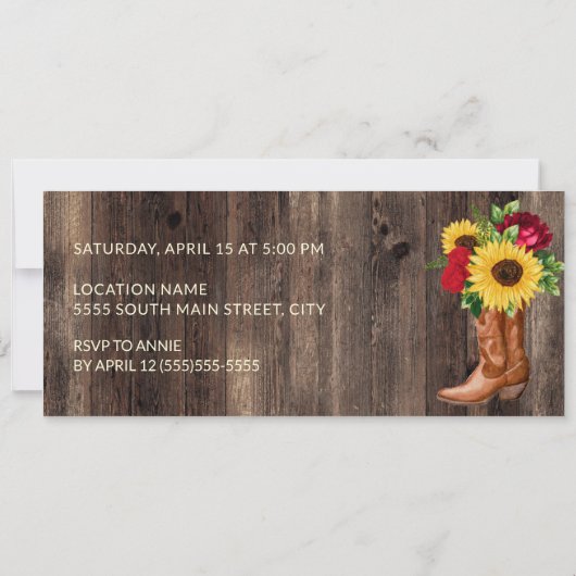 Rustikale Sonnenblumen-Rote Rosen Boot Quinceañera Einladung (Rückseite)