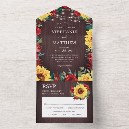 Rustikale Sonnenblumen Rote Rosen Hochzeit All In One Einladung (Innen Boden)