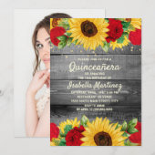 Rustikale Sonnenblumen Rote Rosen Quinceañera Foto Einladung (Vorne/Hinten)