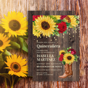 Rustikale Sonnenblumen rote Rosen Stiefel Quinceañ Einladung