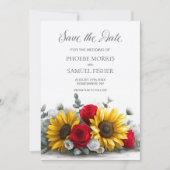 Rustikale Sonnenblumen-Rotrose Hochzeit - Termin v Save The Date (Vorderseite)