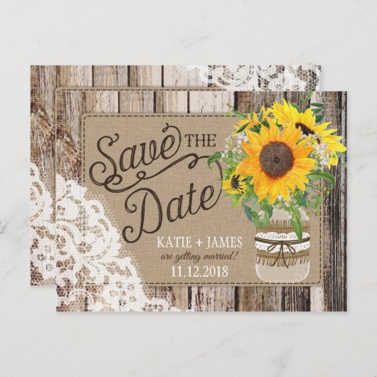 Rustikale Sonnenblumen Save the Date Ankündigungspostkarte (Vorne/Hinten)