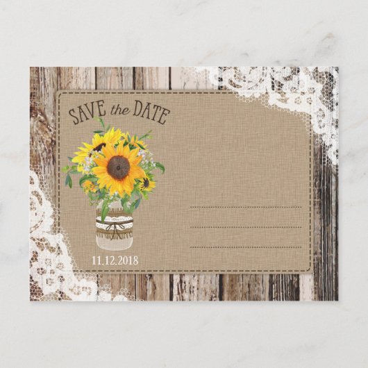 Rustikale Sonnenblumen Save the Date Ankündigungspostkarte (Rückseite)