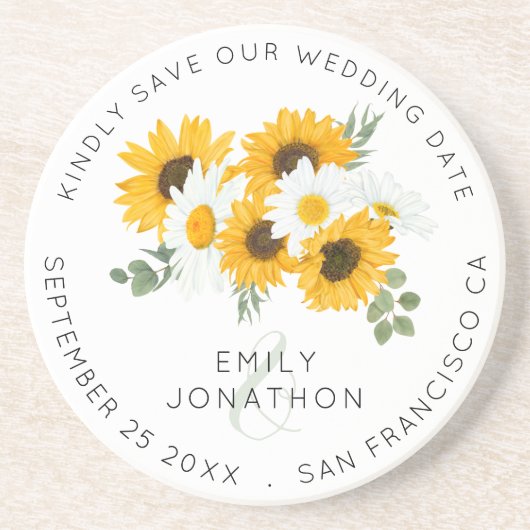 Rustikale Sonnenblumen Save the Date halten Getränkeuntersetzer (Vorne)