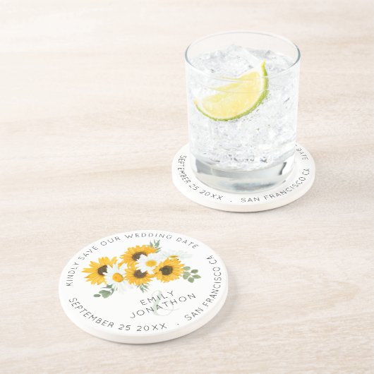 Rustikale Sonnenblumen Save the Date halten Getränkeuntersetzer (Seite)