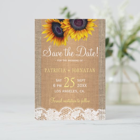Rustikale Sonnenblumen Save the Date Hochzeit (Stehend Vorderseite)