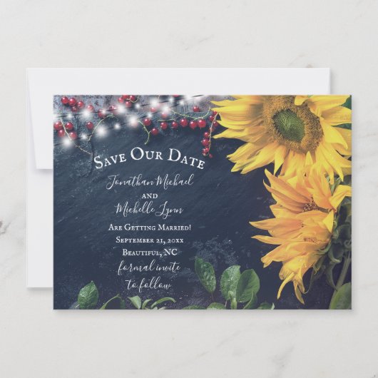 Rustikale Sonnenblumen, Schiefer, Lichter Rettete  Einladung (Vorderseite)