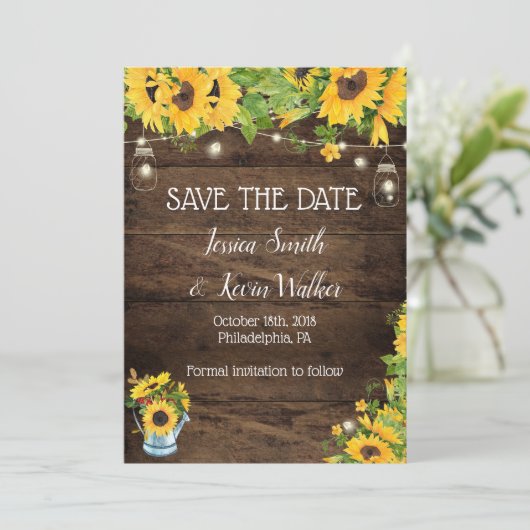 Rustikale Sonnenblumen speichern Datumskarten Save The Date (Stehend Vorderseite)