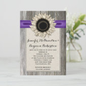 Rustikale Sonnenblumen Spitzen Stall Holz Lila Ban Einladung (Stehend Vorderseite)