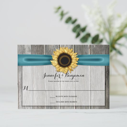 Rustikale Sonnenblumen Stall Holz Aquamarine Band  RSVP Karte (Stehend Vorderseite)