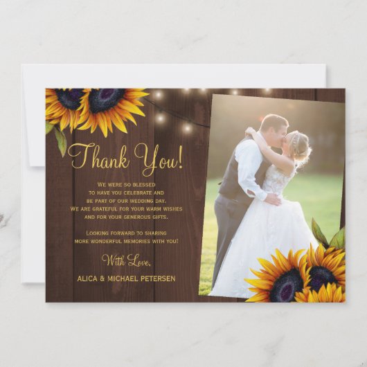 Rustikale Sonnenblumen Stallholz Foto Hochzeit Dankeskarte (Vorderseite)