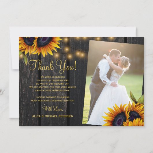 Rustikale Sonnenblumen Stallholz Foto Hochzeit Dankeskarte (Vorderseite)