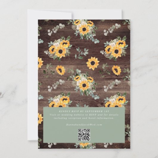 Rustikale Sonnenblumen Stallholz QR Code Hochzeit Einladung (Rückseite)