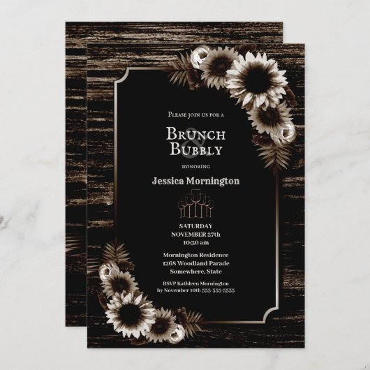 Rustikale Sonnenblumen, Stallholzbrunch & Bubbly Einladung (Vorne/Hinten)