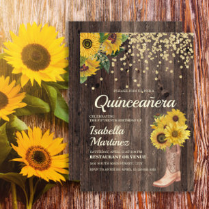 Rustikale Sonnenblumen-Stiefel Glitter Quinceañera Einladung