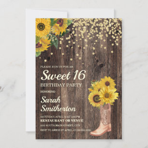 Rustikale Sonnenblumen-Stiefel Glitter Sweet 16 Ge Einladung