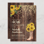 Rustikale Sonnenblumen Stiefel Glitzer 40. Geburts Einladung (Vorne/Hinten)