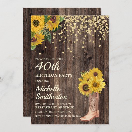 Rustikale Sonnenblumen Stiefel Glitzer 40. Geburts Einladung (Vorne/Hinten)