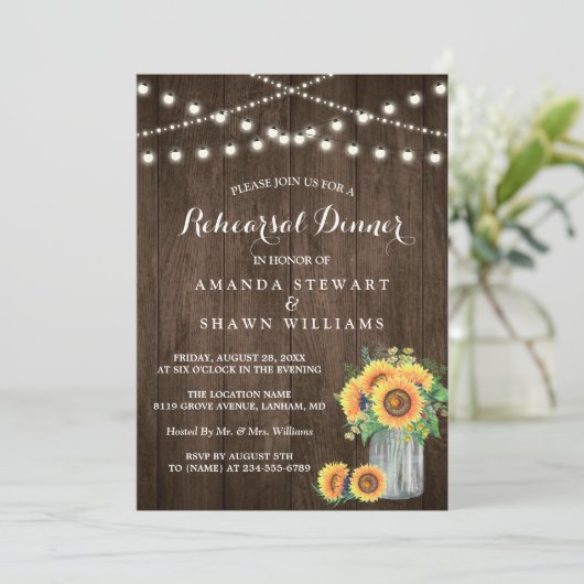 Rustikale Sonnenblumen Strandlicht Probe Abendesse Einladung (Stehend Vorderseite)