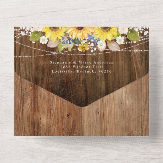 Rustikale Sonnenblumen-Streichellichter Blumenzehe All In One Einladung (Rückseite)