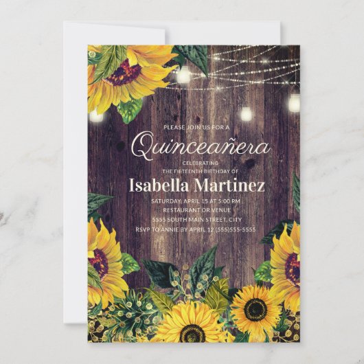 Rustikale Sonnenblumen Streichellichter Quinceañer Einladung (Vorderseite)