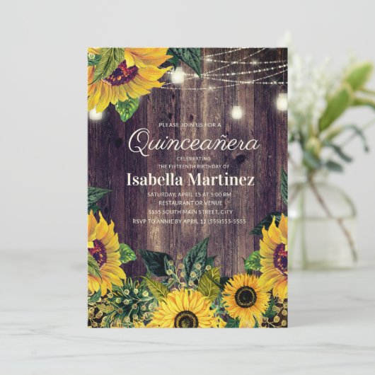 Rustikale Sonnenblumen Streichellichter Quinceañer Einladung (Stehend Vorderseite)