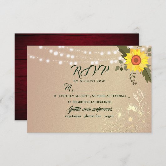 Rustikale Sonnenblumen-String-Lights Hochzeitsszen RSVP Karte (Vorne/Hinten)