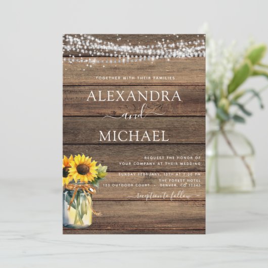 Rustikale Sonnenblumen-String Lights Jar Wedding Einladung (Stehend Vorderseite)