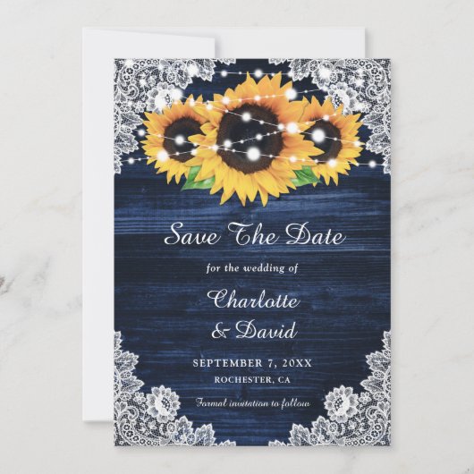 Rustikale Sonnenblumen-String Lights Lace Wood Nav Save The Date (Vorderseite)