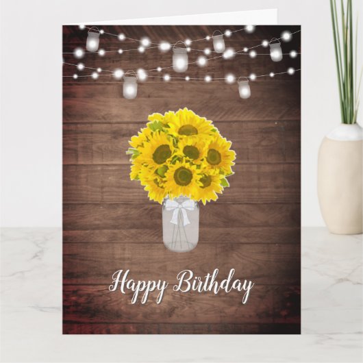 Rustikale Sonnenblumen String Lights Mason Jar Geb Karte (Vorderseite)