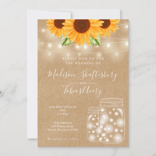 Rustikale Sonnenblumen String Lights Mason Jar Wed Einladung (Vorderseite)