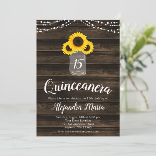 Rustikale Sonnenblumen-String-Lights Quinceanera l Einladung (Stehend Vorderseite)