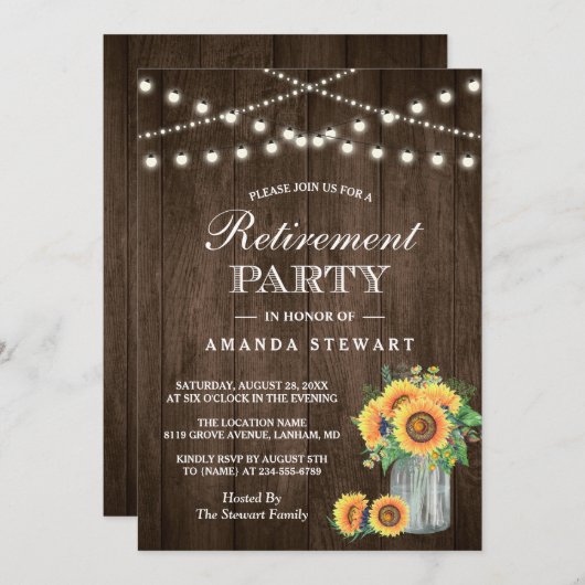 Rustikale Sonnenblumen String Lights Retirement Pa Einladung (Vorne/Hinten)