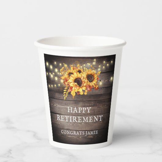 Rustikale Sonnenblumen String Lights Retirement Pa Pappbecher (Vorderseite)