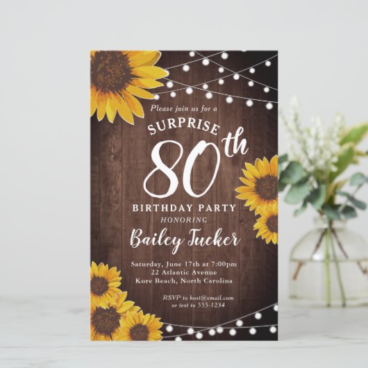 Rustikale Sonnenblumen Überraschung 80. Geburtstag (Stehend Vorderseite)