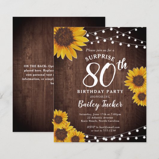 Rustikale Sonnenblumen Überraschung 80. Geburtstag (Vorne/Hinten)