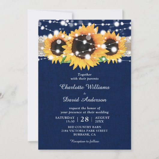 Rustikale Sonnenblumen und Blauer Hochzeitsempfang Einladung (Vorderseite)